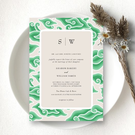 Invitation Élégant Green Ocean Waves Monogram Mariage