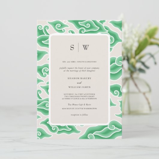 Invitation Élégant Green Ocean Waves Monogram Mariage (Debout devant)