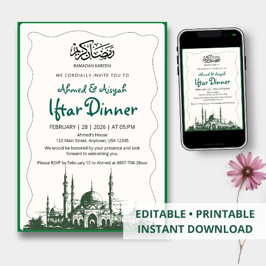 Invitation Elegant Green Sketch Mosque Iftar Dinner