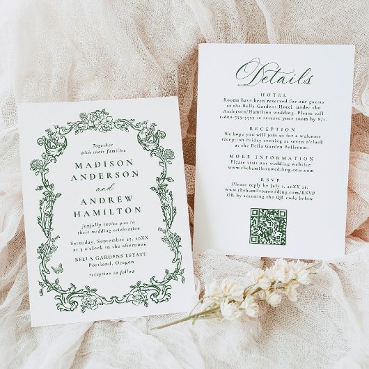Invitation Elegant Green Victorian Floral All in One Wedding