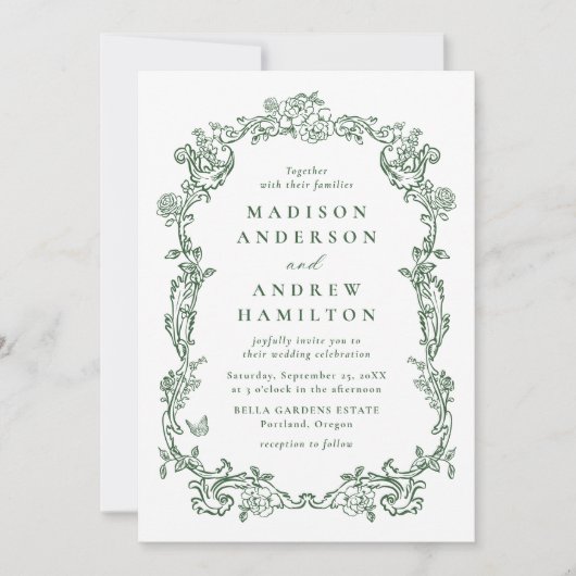 Invitation Elegant Green Victorian Floral Frame Wedding (Devant)