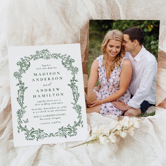 Invitation Elegant Green Victorian Floral Photo Wedding