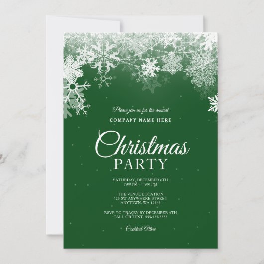 Invitation Élégant Green White Snowflake Entreprise Noël (Devant)