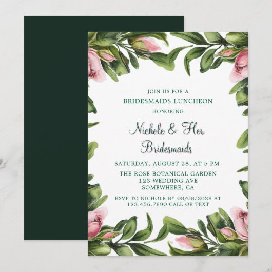 Invitation Élégant Green Wreath Pink Bud Bridesmaids Déjeuner (Devant / Derrière)