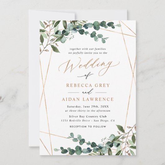 Invitation Elegant Greenery Gold QR Code All-in-One Wedding (Devant)
