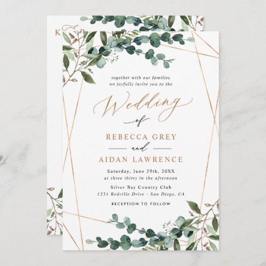Invitation Elegant Greenery Gold QR Code All-in-One Wedding (Devant / Derrière)