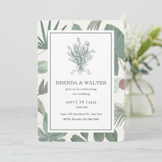 Invitation Elegant Greenery Leaves Botanical Sketch  (Debout devant)
