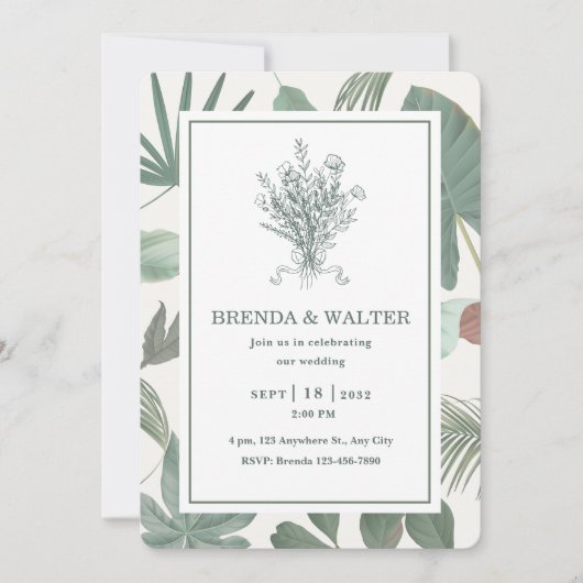 Invitation Elegant Greenery Leaves Botanical Sketch (Devant)