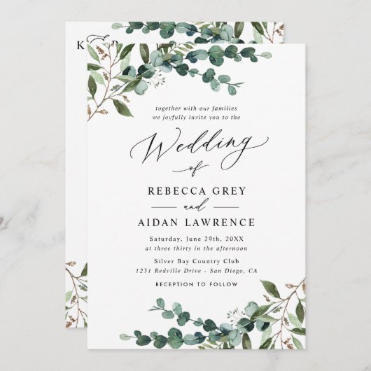 Invitation Elegant Greenery QR Code All-in-One Wedding (Devant / Derrière)