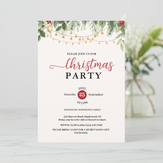 Invitation Elegant Greenery String Lights Christmas Party (Debout devant)