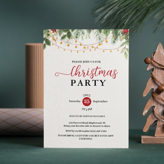 Invitation Elegant Greenery String Lights Christmas Party
