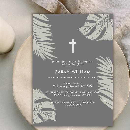 Invitation Elégant Grey Boho Feuille Cross Baptism