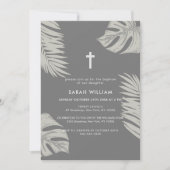 Invitation Elégant Grey Boho Feuille Cross Baptism (Devant)