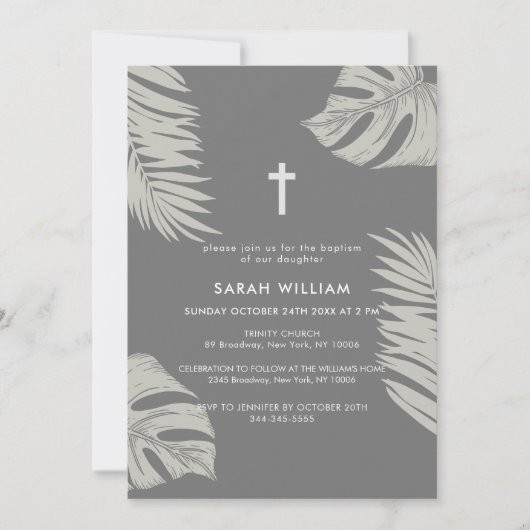 Invitation Elégant Grey Boho Feuille Cross Baptism (Devant)