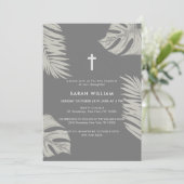 Invitation Elégant Grey Boho Feuille Cross Baptism (Debout devant)