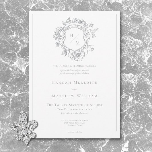 Invitation Elegant Grey Chinoiserie Bird & Crest Mariage