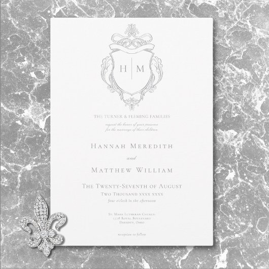 Invitation Elegant Grey Chinoiserie Bird & Crest Mariage