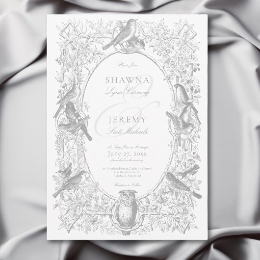 Invitation Elegant Grey Chinoiserie Nature & Oiseaux Mariage