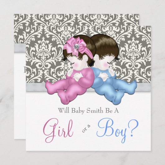 Invitation Elegant Grey Damask Sexe Révéler Douche (Devant / Derrière)