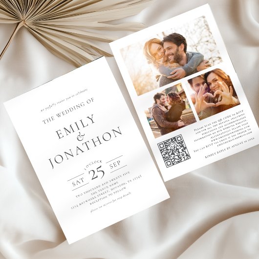 Invitation Elegant Grey Ecriture 3 Photos QR Code Mariage