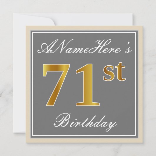 Invitation Elégant, Grey, Faux Gold 71ème Anniversaire + Nom (Devant)