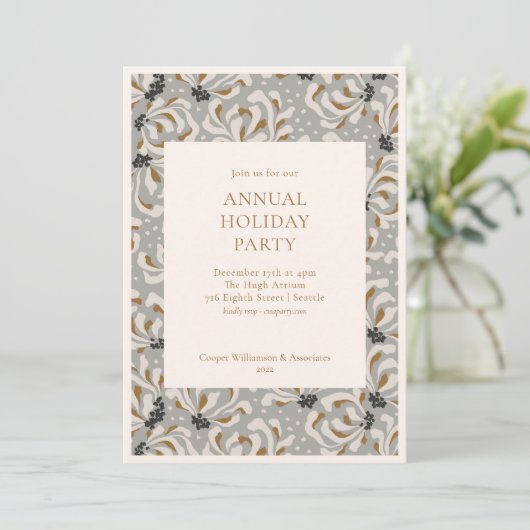 Invitation Elegant Grey Gold Botanical Office Fête de Vacance (Debout devant)