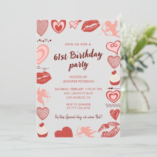 Invitation Elegant Grey Red Hearts 61e anniversaire invitatio (Debout devant)