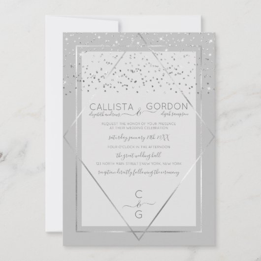 Invitation Elégant Gris Argent Confetti Geo Mariage frontière (Devant)