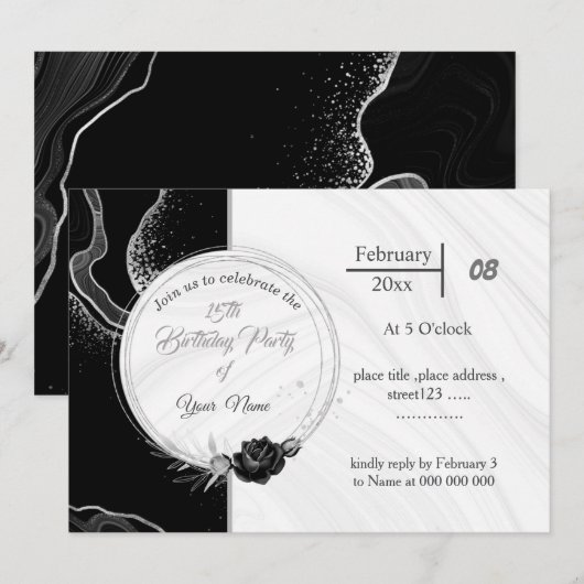 Invitation élégant gris argent et fleurs noires anniversaire (Devant / Derrière)