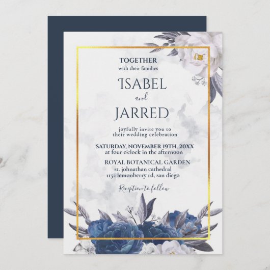 Invitation Elégant Gris Bleu Peoné tout en un Mariage (Devant / Derrière)