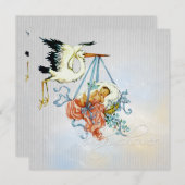 Invitation Elégant Gris Blue Stork Baby Boy Douche (Devant / Derrière)