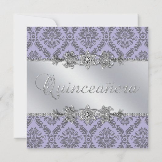 Invitation Elegant gris et pourpre damassé Quinceanera (Devant)