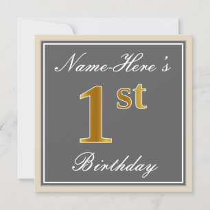 Invitation Elégant, Gris, Faux Gold 1er Anniversaire; Nom per
