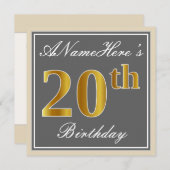 Invitation Elégant, gris, Faux Gold 20e anniversaire + Nom (Devant / Derrière)