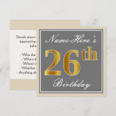 Invitation Elégant, gris, Faux Gold 26ème anniversaire + Nom (Devant / Derrière)