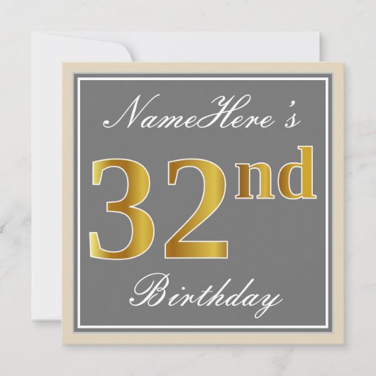 Invitation Elégant, gris, Faux Gold 32e anniversaire + Nom (Devant)