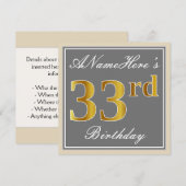 Invitation Elégant, gris, Faux Gold 33ème anniversaire + Nom (Devant / Derrière)