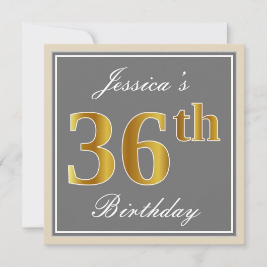 Invitation Elégant, gris, Faux Gold 36ème anniversaire + Nom (Devant)