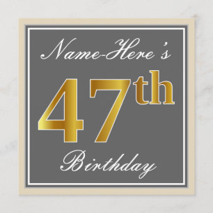 Invitation Elégant, gris, Faux Gold 47e anniversaire + Nom