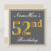 Invitation Elégant, gris, Faux Gold 52e anniversaire + Nom (Devant / Derrière)