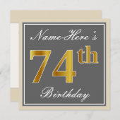 Invitation Elégant, gris, Faux Gold 74e anniversaire + Nom (Devant / Derrière)