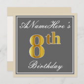 Invitation Elégant, gris, Faux Gold 8e anniversaire; Nom pers (Devant / Derrière)