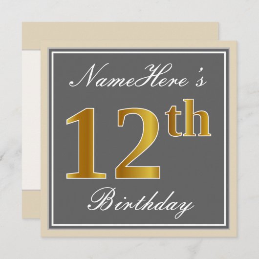 Invitation Elégant, gris, Faux Or 12ème anniversaire + Nom (Devant / Derrière)