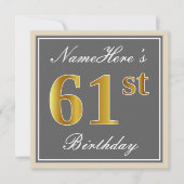 Invitation Elégant, gris, Faux Or 61ème anniversaire + Nom (Devant)