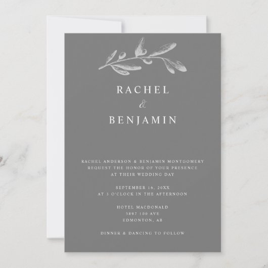 Invitation Élégant gris monochrome Mariage Botanique minimal (Devant)