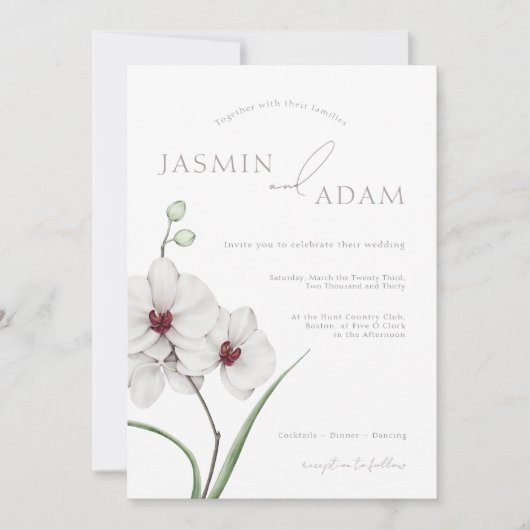 Invitation Élégant Gris Orchidées Blanches Initiales Floral M (Devant)