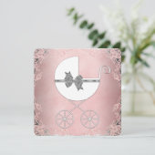 Invitation Elégant gris rose dentelle bébé fille douche (Debout devant)