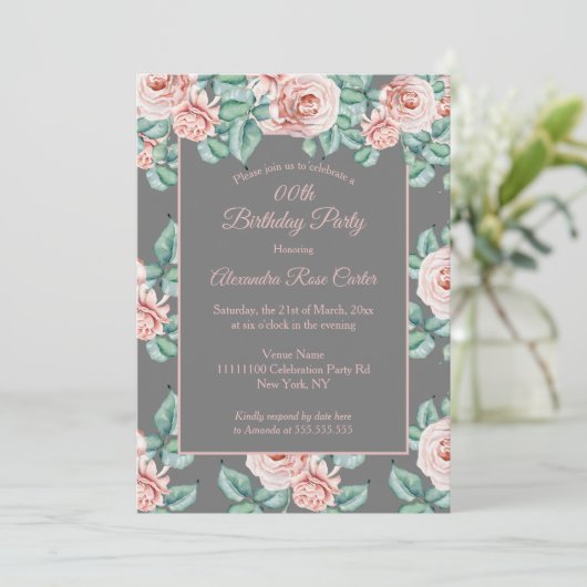 Invitation Elégant gris rose rose rose rose rose fête d'anniv (Debout devant)