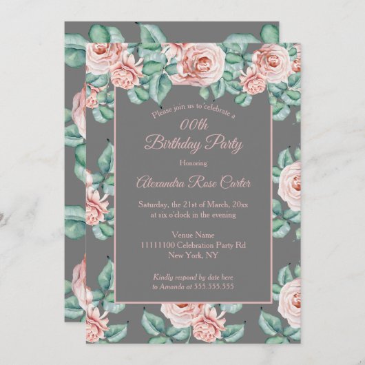 Invitation Elégant gris rose rose rose rose rose fête d'anniv
