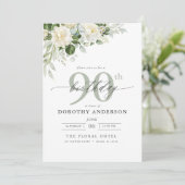 Invitation Elégant gris vert floral 90e anniversaire (Debout devant)